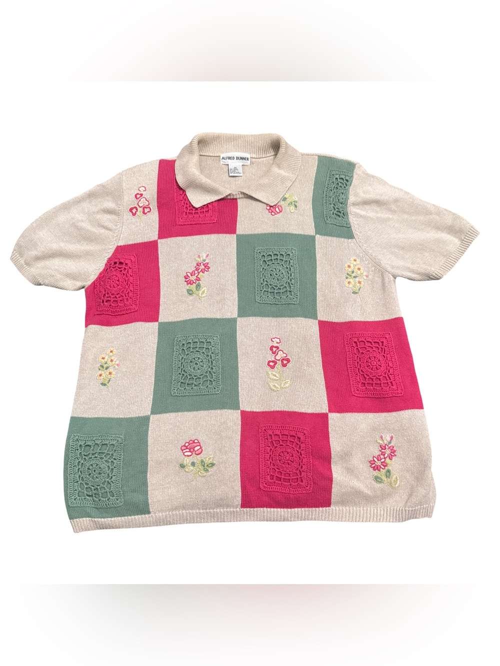 Vintage Alfred Dunner Knit Polo Top 3x Floral Embroidered Crochet Patchwork